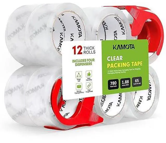 Main image of Packing Tape, 12 Rolls Heavy Duty Clear Packaging Tape for Shipping Packaging Moving Sealing, 1.88 inches Wide, 65 Yards Per Roll, Total 780 Yards with 2 Dispensers