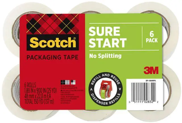 Main image of Sure Start Packing Tape 6-Pack, 1.88 x 25 yd Rolls Quiet Easy Unwind, Strong Seal for Shipping & Moving Boxes, No Splitting or Tearing, Clear Adhesive Tape Refill for Packing/Mailing