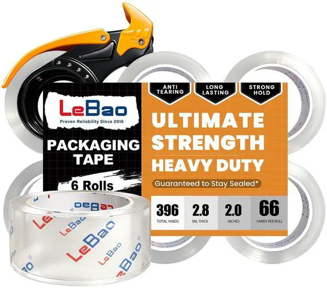 Main image of Heavy-Duty Packaging Tape with Dispenser, 6 Rolls Packing Tape, 2 inch x 66 yd. x 2.8 mil per roll, Strong Adhesive HD Clear Package Tape for Pack Boxes Shipping Supplies Moving