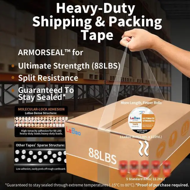 Alt view image 2 of 7 - Heavy-Duty Packaging Tape with Dispenser, 6 Rolls Packing Tape, 2 inch x 66 yd. x 2.8 mil per roll, Strong Adhesive HD Clear Package Tape for Pack Boxes Shipping Supplies Moving