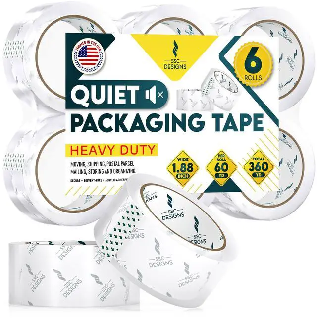 Main image of Packing Tape Clear Packaging Refill No Noise Heavy Duty Shipping Adhesive Quiet Dispenser Moving Supplies Boxes Mailing Strong Sealing Boxing Office Silent 60 Yds x 1.88" Wide x 2.7 Mil Thick 6 Rolls