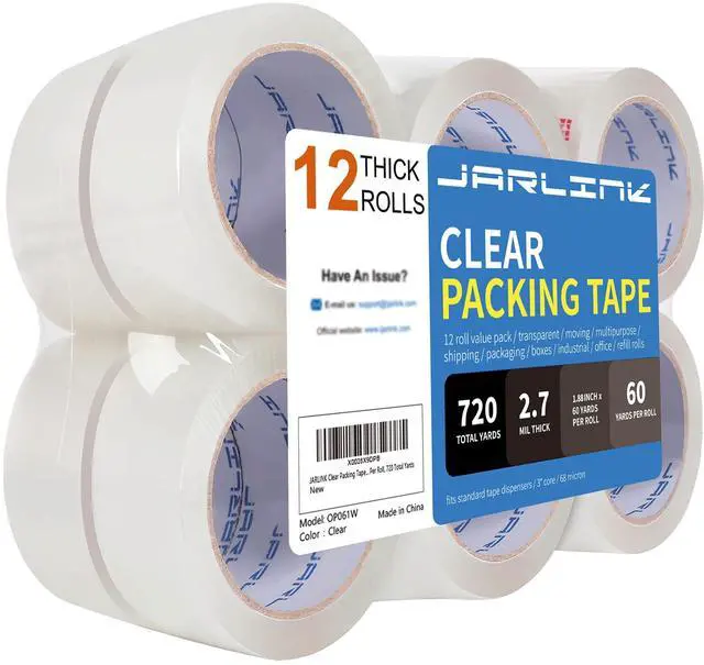 Main image of Clear Packing Tape (12 Rolls), Heavy Duty Packaging Tape for Shipping Packaging Moving Sealing, 2.7mil Thick, 1.88 inches Wide, 60 Yards Per Roll, 720 Total Yards