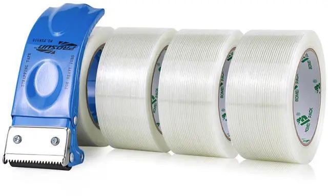 Main image of Strapping Tape 2Inch with Dispenser, Heavy Duty Fiberglass Reinforced Packing Tape with String for Moving and Shipping, 4Rolls x 5.5Mil x 35Yds, Total 140Yds