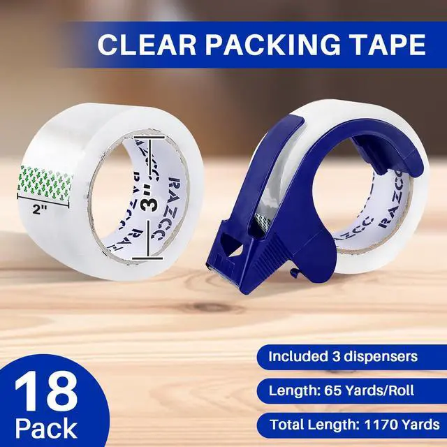 Alt view image 2 of 7 - Clear Packing Tape, 18 Rolls Heavy Duty Packaging Tape with Dispensers for Packing Shipping Moving and Sealing, Thicker Packing Tape-2" x 65 Yards Per Roll, 1170 Total Yards