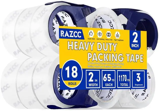 Main image of Clear Packing Tape, 18 Rolls Heavy Duty Packaging Tape with Dispensers for Packing Shipping Moving and Sealing, Thicker Packing Tape-2" x 65 Yards Per Roll, 1170 Total Yards