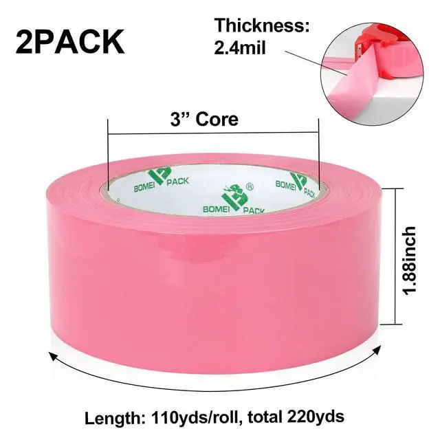 Alt view image 2 of 7 - BOMEI PACK Pink Packing Tape with Dispenser, 2.4 Mil 1.88 Inch x 110 Yards, 2 Refills Rolls Color Box Tape for Moving, Shipping and Packaging