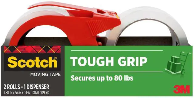 Main image of Tough Grip Moving Packing Tape, Clear, Moving Tape that Secures Boxes up to 80 Pounds, 1.88 in. x 54.6 yd., 2 Rolls with 1 Dispenser