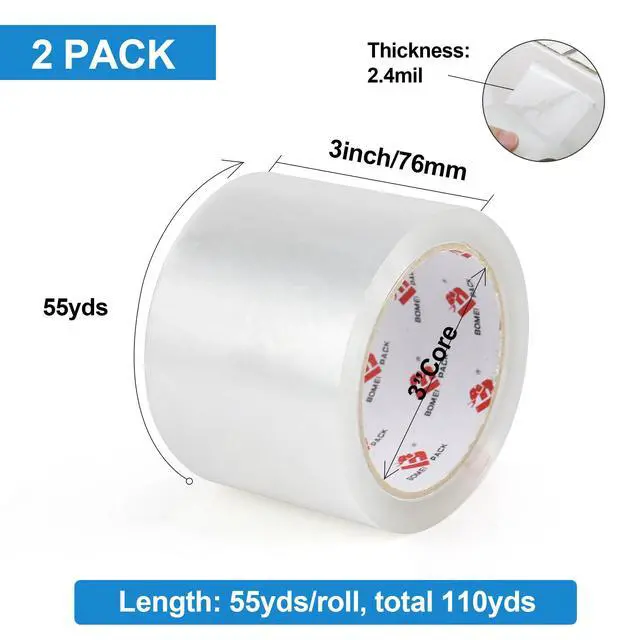 Alt view image 2 of 7 - 3" Clear Wide Packing Tape 2 Rolls, Total 110Y - 3 inch x 55 Yards, 2.4 mil Thick, Heavy Duty 3 Inch Wide Packaging Tape for Shipping, Mailing, Moving & Storage