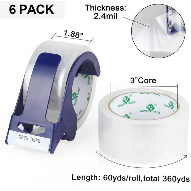 Alt view image 2 of 7 - 6 Rolls Clear Silent Packing Tape, 1.88" x 60 yds with Blue Dispenser,Heavy Duty Packaging Carton Tape for Shipping Packaing Moving Sealing, 2.4mil Thickness, 60 Yards Per Roll