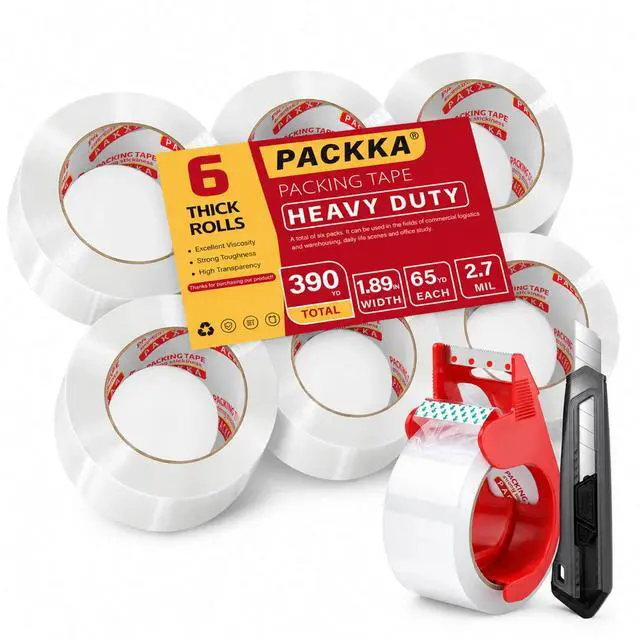 Main image of Heavy Duty Packing Tape for Moving Boxes and Packaging Supplies, Total 390y, 6 Rolls Clear Moving Tape with Dispenser and Utility Knife, 1.89in. X65yd, Mailing and Moving Supplies, Father's Gifts
