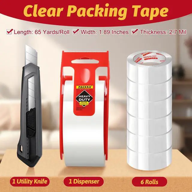Alt view image 4 of 7 - Heavy Duty Packing Tape for Moving Boxes and Packaging Supplies, Total 390y, 6 Rolls Clear Moving Tape with Dispenser and Utility Knife, 1.89in. X65yd, Mailing and Moving Supplies, Father's Gifts