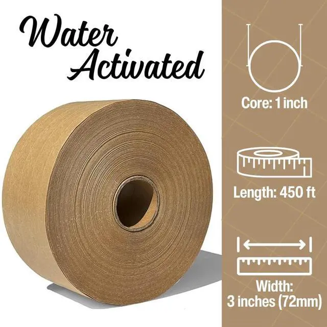 Alt view image 3 of 7 - 3'' x 450 Feet Reinforced Water Activated Gummed Kraft Paper Tape, for Heavy Duty Secure Packing Shipping, Tamper Evident Gummed Tape, Brown - 2 Rolls