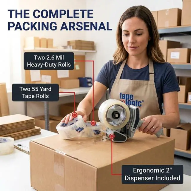 Alt view image 2 of 7 - Packing Tape 2-Rolls & Dispenser, 2" x 55 yd 2.6 Mil - Heavy Duty Clear Packaging Tape Roll for Shipping, Moving, Order Fulfillment