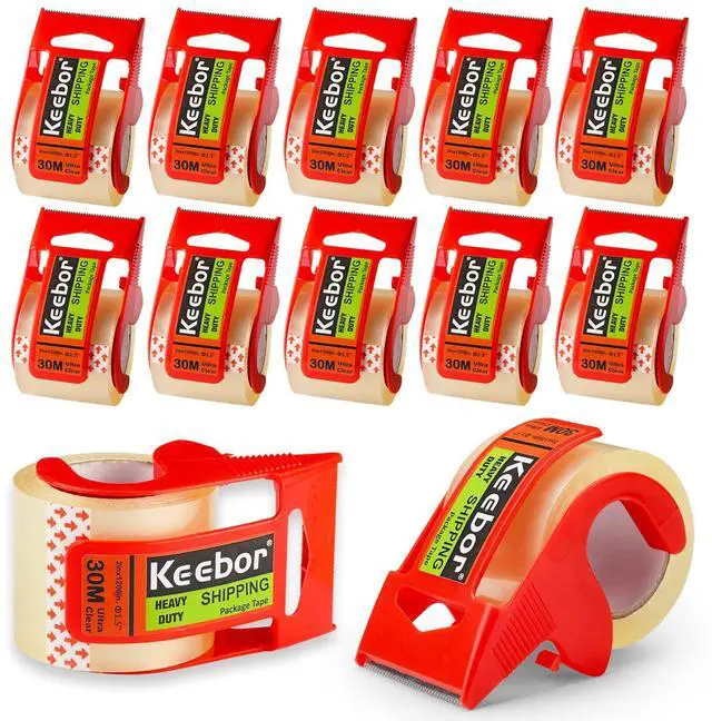 Main image of Packing Tape with Dispenser, 12 Rolls Clear Shiping Package Tape, 2'' x 32.8 yd, 1.5'' Core, Designed for Packing, Shipping & Mailing