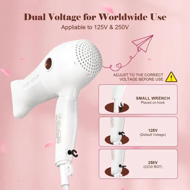Alt view image 3 of 7 - Mini with Diffuser&Concentrator,110~250V Dual Voltage Hair Dryer Blow Dryer Mini Size for European Travel, Portable Blow Dryers for Women and Men with EU Plug