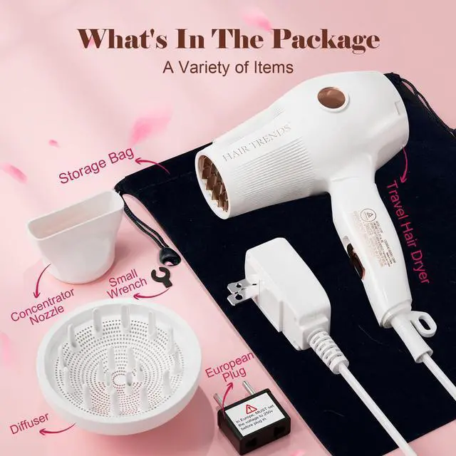 Alt view image 5 of 7 - Mini with Diffuser&Concentrator,110~250V Dual Voltage Hair Dryer Blow Dryer Mini Size for European Travel, Portable Blow Dryers for Women and Men with EU Plug