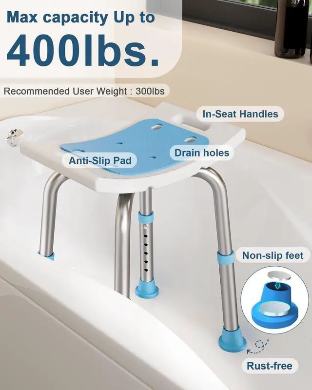 Alt view image 2 of 7 - Shower Chair for Inside Shower, 400 lbs Adjustable Shower Stool with Suction Feet, Shower Seat for Inside Tub Bathroom Bench Bath Chair for Elderly and Disabled - Light Blue