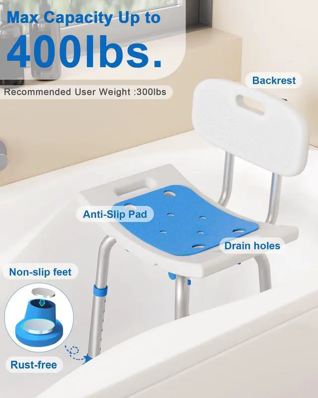 Alt view image 2 of 7 - Shower Chair for Inside Shower with Removable Back, 400 lbs Heavy Duty Bath Seat for Bathtub, Safety Bath Stool for Seniors and Disabled, Aluminum Alloy Frame
