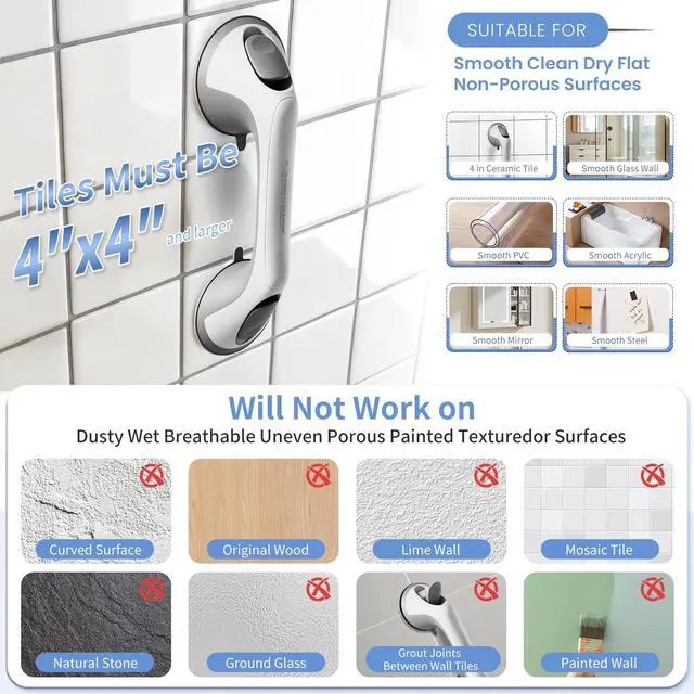 Alt view image 6 of 7 - 2 Pack 12 Inch Grab Bars for Bathtubs and Showers for Seniors, Heavy Duty Shower Handle for Elderly, Suction Cup Removable Handrails Handicap Bath Grip Bathroom Upgrade Safety Grips (Gray)