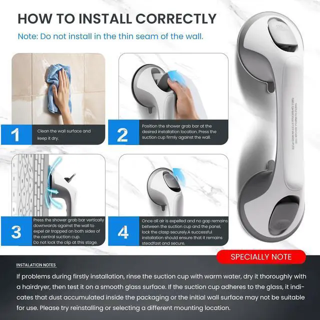 Alt view image 5 of 7 - 2 Pack 12 Inch Grab Bars for Bathtubs and Showers for Seniors, Heavy Duty Shower Handle for Elderly, Suction Cup Removable Handrails Handicap Bath Grip Bathroom Upgrade Safety Grips (Gray)