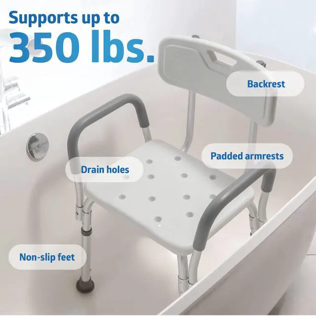 Alt view image 5 of 7 - Shower Chair Seat with Padded Armrests and Back | Heavy Duty Shower Chair for Bathtub | Slip Resistant Shower Seat with Adjustable Height | Shower Chair for Inside Shower with 350 lb Capacity