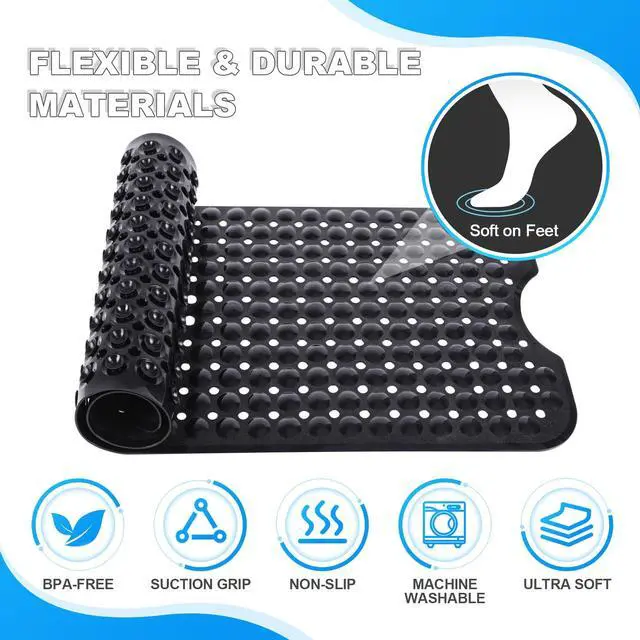 Alt view image 5 of 7 - Bathtub and Shower Mats, 40x16 Inch Extra Large Non Slip Soft Bath Tub Mat with Suction Cups and Drain Holes for Bathroom Floor and Keep Tubs Clean, Machine Washable, Black