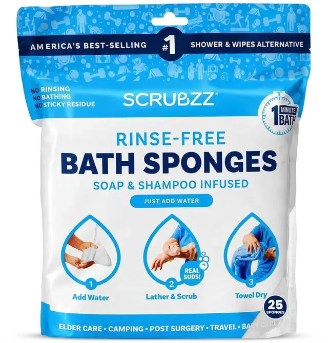 Main image of Disposable Rinse Free Bathing Wipes - 25 Pack - All-in-1 Single Use Shower Wipes, Simply Dampen, Lather, and Dry Without Shampoo or Rinsing