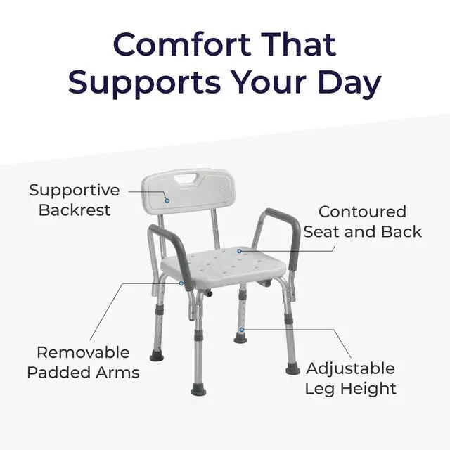 Alt view image 4 of 7 - Shower Chair with Back & Padded Arms - Adjustable Height Bath Seat for Safety & Comfort - Lightweight Aluminum Construction- 350 Lb Capacity - White
