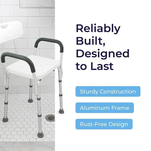 Alt view image 5 of 7 - Shower Chair with Back & Padded Arms - Adjustable Height Bath Seat for Safety & Comfort - Lightweight Aluminum Construction- 350 Lb Capacity - White