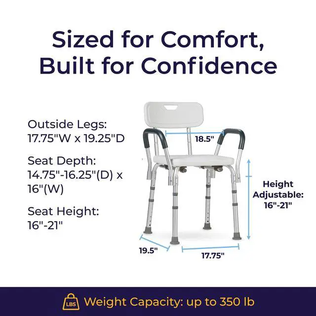 Alt view image 7 of 7 - Shower Chair with Back & Padded Arms - Adjustable Height Bath Seat for Safety & Comfort - Lightweight Aluminum Construction- 350 Lb Capacity - White