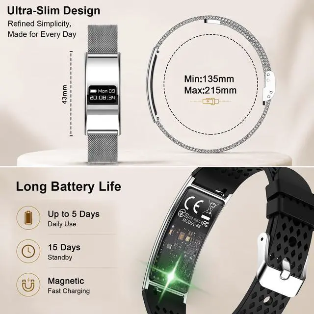 Alt view image 2 of 7 - Smart Bracelet for Women Men, Activity Fitness Tracker, Smart Wristband with Heart Rate/Blood Oxygen/Sleep Monitor/Pedometer, IPX8 Waterproof Slim Smart Watch for Android iPhone, 2 Bands,Silver