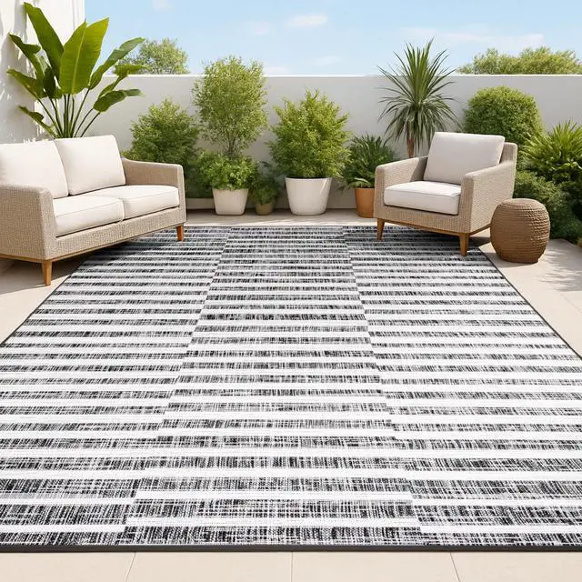 Main image of Offset Stripe Indoor Outdoor Area Rug 4X6 Black/Ivory, Sukie Modern for Backyard, Patio, Porch, Easy-Cleaning, High Traffic, Pet-Friendly, Non-Shedding (SMB133F-4)