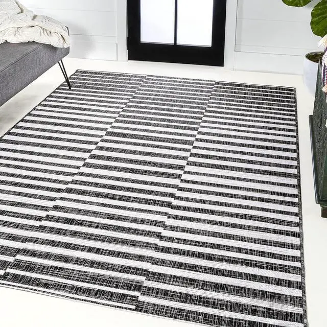 Alt view image 3 of 7 - Offset Stripe Indoor Outdoor Area Rug 4X6 Black/Ivory, Sukie Modern for Backyard, Patio, Porch, Easy-Cleaning, High Traffic, Pet-Friendly, Non-Shedding (SMB133F-4)