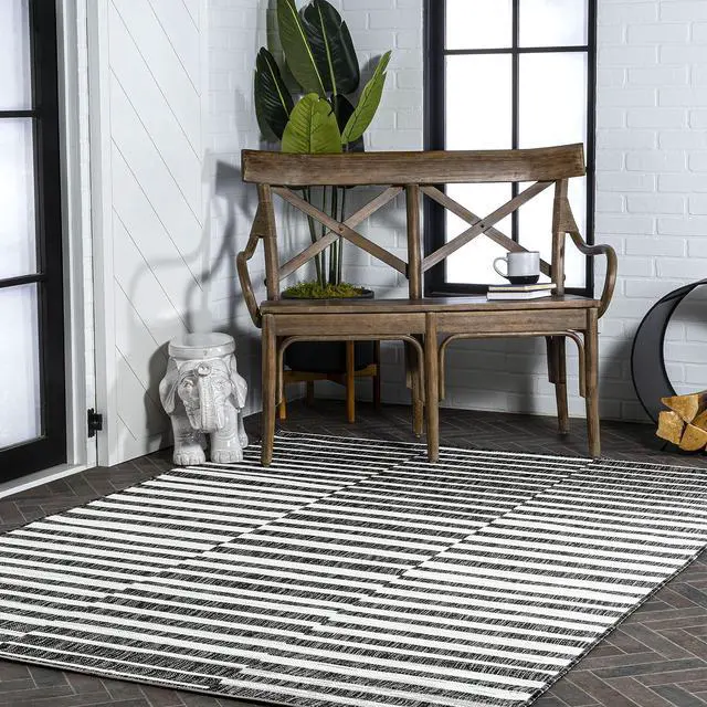 Alt view image 4 of 7 - Offset Stripe Indoor Outdoor Area Rug 4X6 Black/Ivory, Sukie Modern for Backyard, Patio, Porch, Easy-Cleaning, High Traffic, Pet-Friendly, Non-Shedding (SMB133F-4)