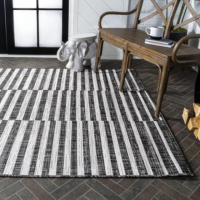 Alt view image 5 of 7 - Offset Stripe Indoor Outdoor Area Rug 4X6 Black/Ivory, Sukie Modern for Backyard, Patio, Porch, Easy-Cleaning, High Traffic, Pet-Friendly, Non-Shedding (SMB133F-4)