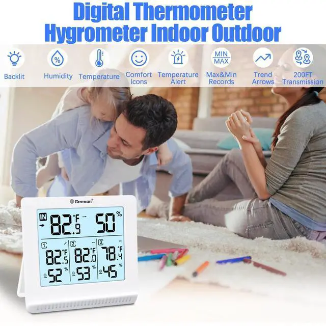 Alt view image 2 of 7 - Indoor Outdoor Thermometer Wireless with 3 Remote Sensors, Digital Hygrometer Thermometer, Temperature Gauge Humidity Monitor with Backlight, 200FT/60M Transmission Range