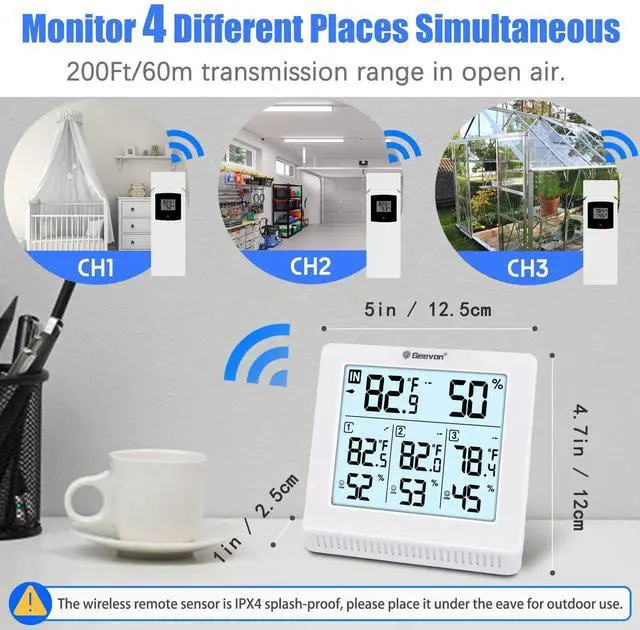Alt view image 4 of 7 - Indoor Outdoor Thermometer Wireless with 3 Remote Sensors, Digital Hygrometer Thermometer, Temperature Gauge Humidity Monitor with Backlight, 200FT/60M Transmission Range