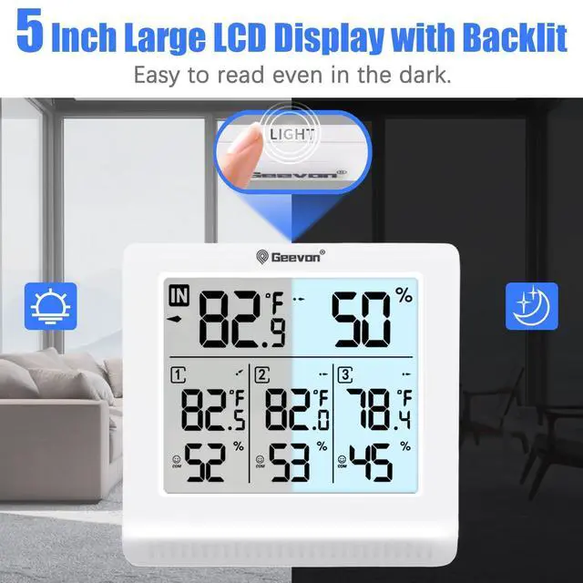 Alt view image 3 of 7 - Indoor Outdoor Thermometer Wireless with 3 Remote Sensors, Digital Hygrometer Thermometer, Temperature Gauge Humidity Monitor with Backlight, 200FT/60M Transmission Range