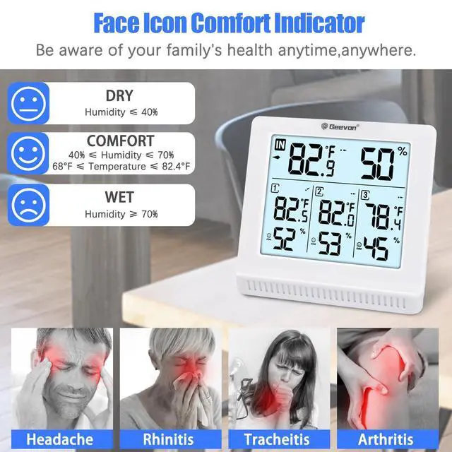Alt view image 5 of 7 - Indoor Outdoor Thermometer Wireless with 3 Remote Sensors, Digital Hygrometer Thermometer, Temperature Gauge Humidity Monitor with Backlight, 200FT/60M Transmission Range