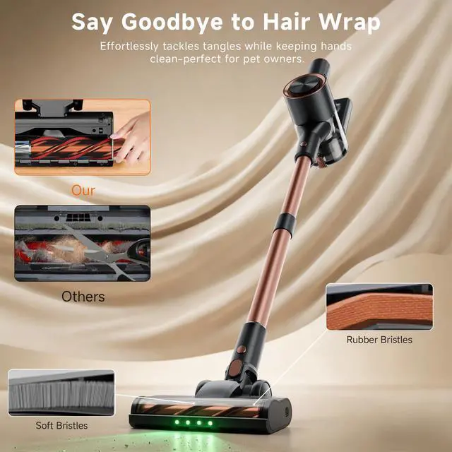 Alt view image 6 of 7 - Cordless Stick Vacuum Cleaner - 40KPA Powerful Suction Vacuum with 45 Min Runtime, Detachable Battery, Anti-Tangle & 1.5L Dust Cup, 8 in 1 Vacuum Cleaner for Pet Hair, Carpet, HardFloor, Gold