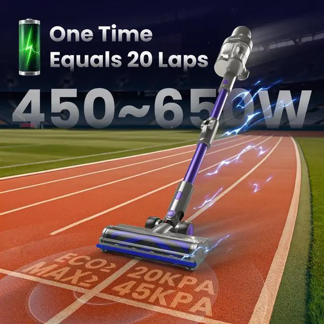 Alt view image 2 of 7 - Cordless Vacuum Cleaner JQ02,450W 45KPA Full-Size Stick Cleaner with 800ML Dual-Layer Cyclone Dust Cup,HEPAFiltration,Lightweight&Low Noise for HardFloor,Pet,CarpetsPurple