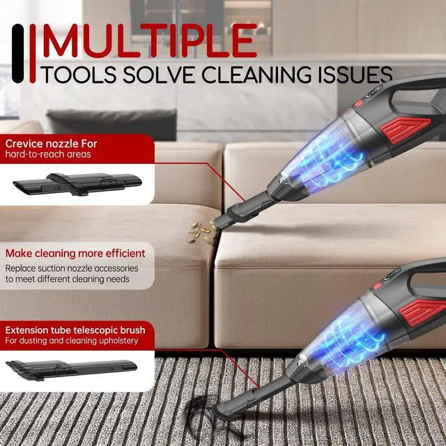 Alt view image 4 of 7 - Handheld Vacuum Cordless, 9000PA Hand Held Car Vacuum Cleaner Rechargeable, 3 in 1 Portable Hand Vacuum with LED Light & USB Charge Portable Car Vacuum Cleaner Filter for Home Office, Car, Pets