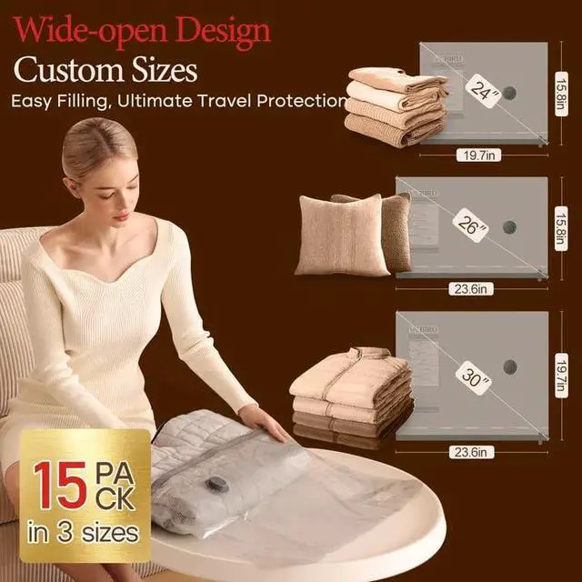 Alt view image 3 of 7 - 15 Pack Vacuum Bags for Travel with Rechargeable Cordless Electric Pump, Carry-on Packing Bags for Luggage and Suitcase, Space Saver for Clothes and Clothing