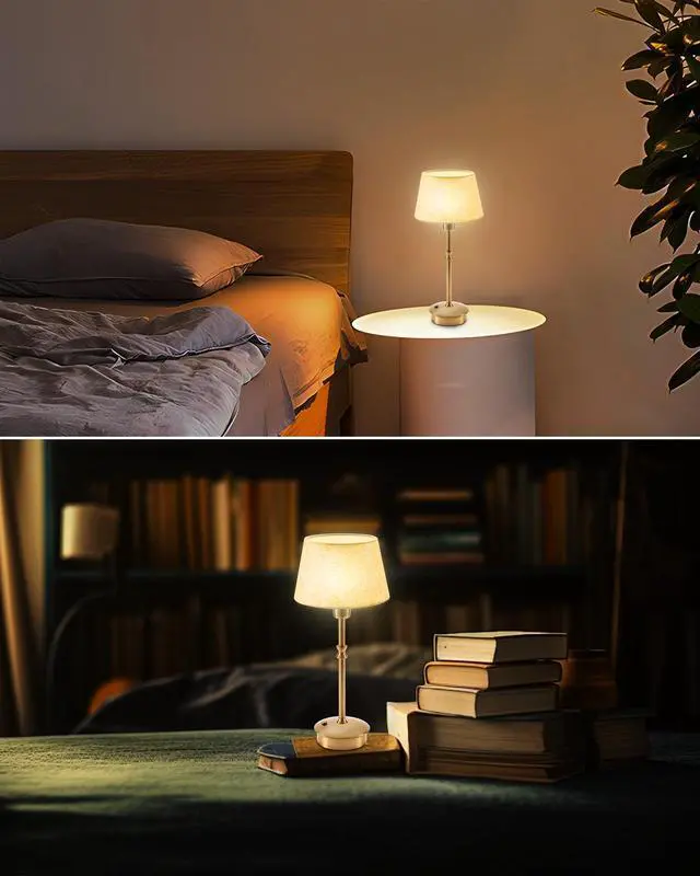 Alt view image 3 of 7 - Cordless Lamp Rechargeable Table Lamps, 5000mAh Battery Operated Lights, 3 Level Brightness Dimmable, Portable Night Bedside Light for Patio, Restaurant, Dining, Fabric Shade, Antique Brass