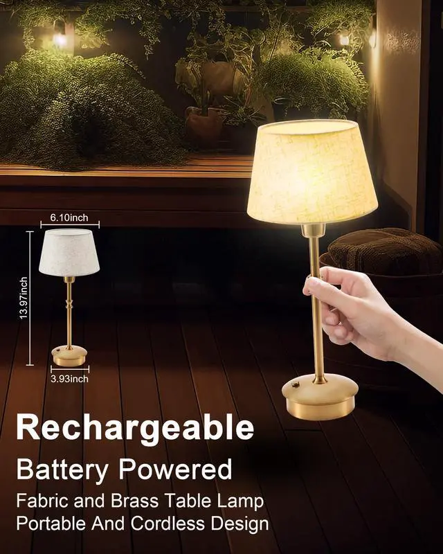 Alt view image 4 of 7 - Cordless Lamp Rechargeable Table Lamps, 5000mAh Battery Operated Lights, 3 Level Brightness Dimmable, Portable Night Bedside Light for Patio, Restaurant, Dining, Fabric Shade, Antique Brass