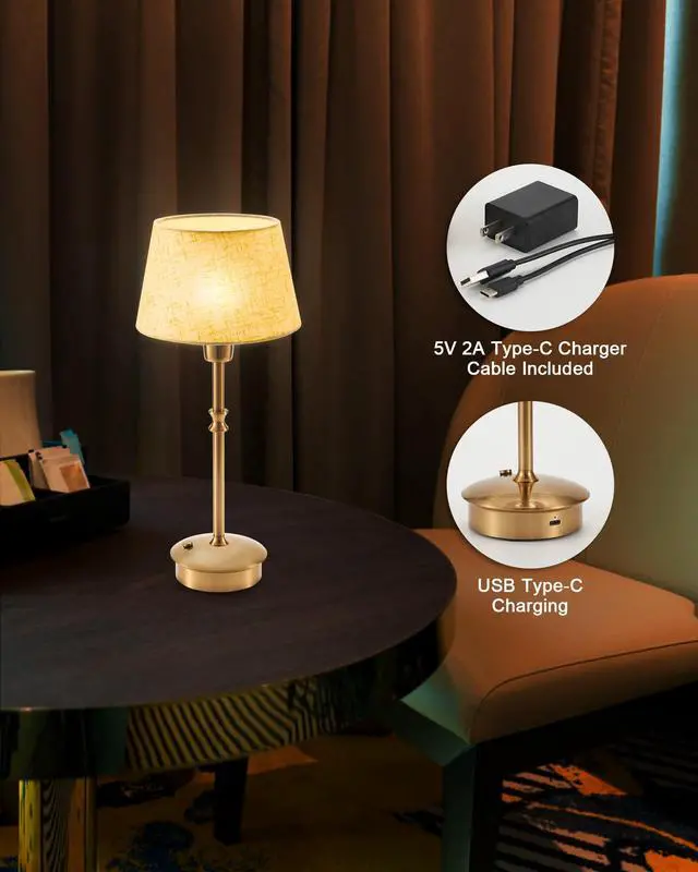 Alt view image 5 of 7 - Cordless Lamp Rechargeable Table Lamps, 5000mAh Battery Operated Lights, 3 Level Brightness Dimmable, Portable Night Bedside Light for Patio, Restaurant, Dining, Fabric Shade, Antique Brass