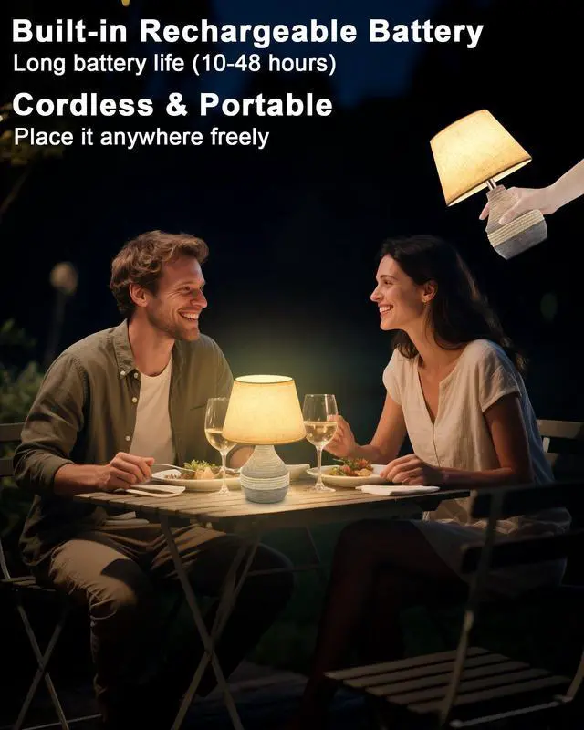 Alt view image 2 of 7 - 10" H Small Rechargeable Cordless Ceramic Table Lamp with Remote, RGB & Warm White Light, Timer & Dimmer, Battery Table Lamp with Linen Shade for Patio, Bedroom, Living Room, Dining Table