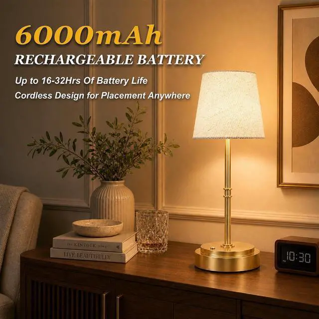 Alt view image 2 of 7 - Rechargeable Cordless Table Lamp Gold - 1 Pack Brass 6000mAh Battery Operated Lamp, 16-Inch Antique Brass Aesthetic Desk Light for Kitchen Counter, Bathroom Vanity and Dining Room