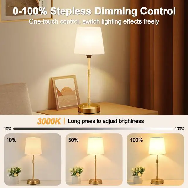 Alt view image 3 of 7 - Cordless Table Lamps Set of 2 Battery Operated Lamp with 7500mAh Rechargeable Battery, Stepless Dimmable Vintage Brushed Gold Desk Wireless Lamps for Dining Room, Nightstand & Patio (Bulbs Included)