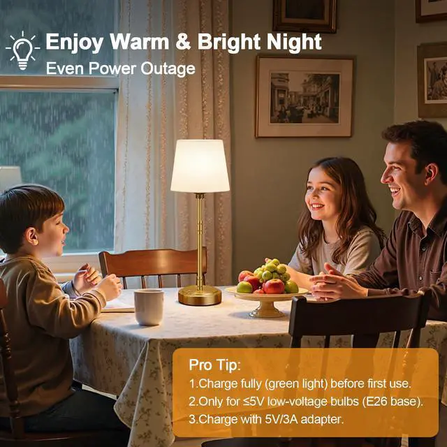 Alt view image 6 of 7 - Cordless Table Lamps Set of 2 Battery Operated Lamp with 7500mAh Rechargeable Battery, Stepless Dimmable Vintage Brushed Gold Desk Wireless Lamps for Dining Room, Nightstand & Patio (Bulbs Included)